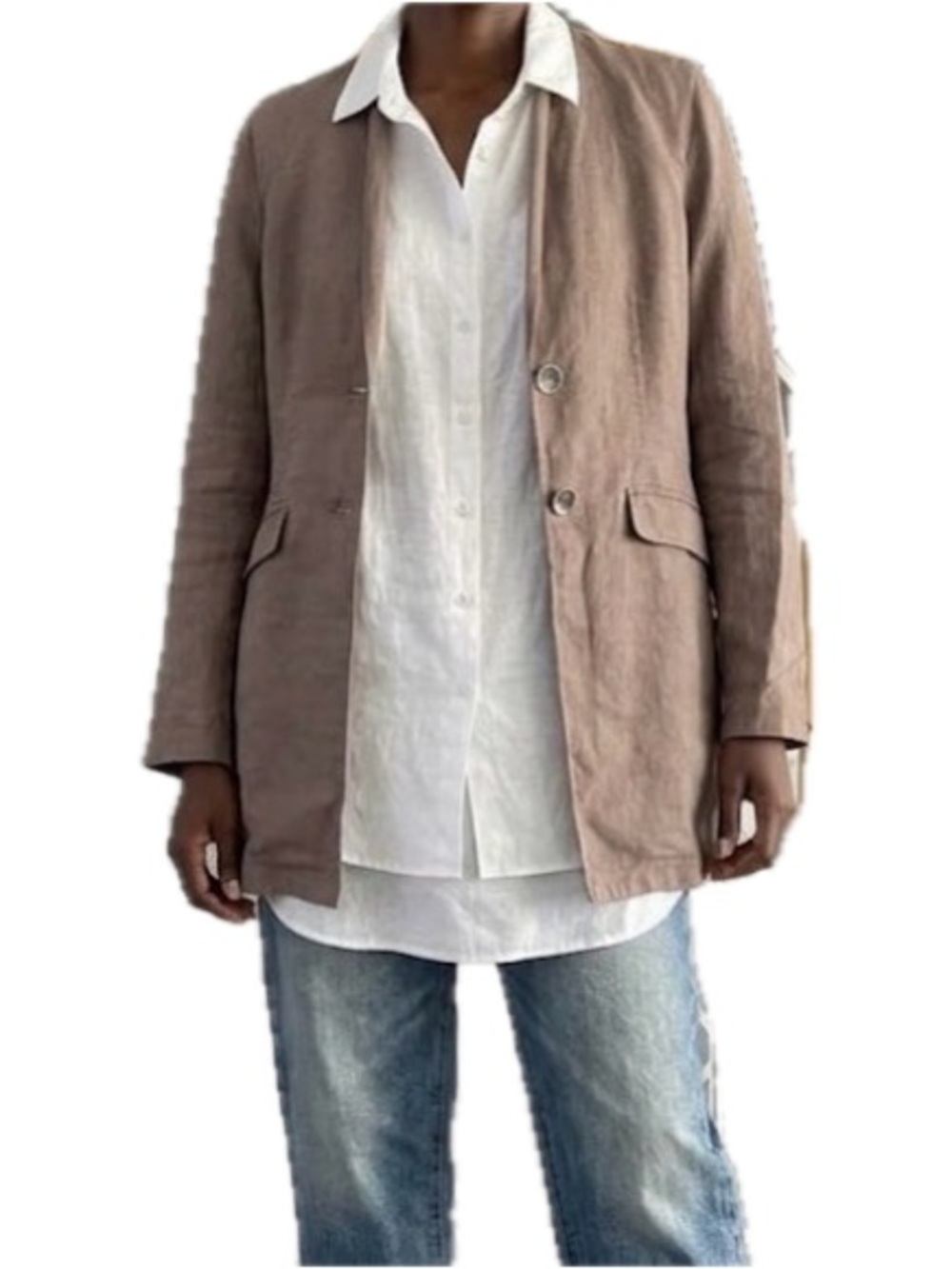 OLSEN 100% Linen Longline Blazer Duster Jacket Brown Size 6 Lagenlook EUC